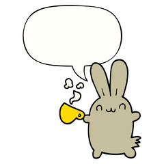 cute cartoon rabbit drinking coffee and speech bubble