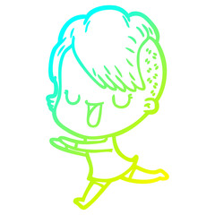 cold gradient line drawing cute cartoon girl with hipster haircut