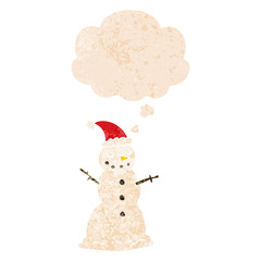 cartoon christmas snowman and thought bubble in retro textured style