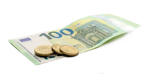100 new euro banknote with coins isolated on white background