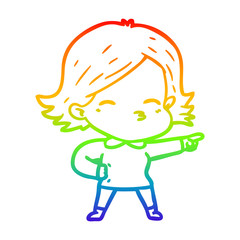 rainbow gradient line drawing cartoon woman pointing