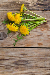 Yellow dandelions on grey wooden background