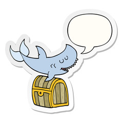 cartoon shark swimming over treasure chest and speech bubble sticker