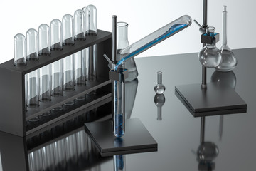 Chemical instruments and reagents in the lab, 3d rendering