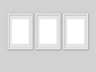 Set of 3 vertical A4 white simple picture frame with a border. Mockup for photography. 3D rendering