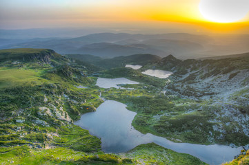 Sunrise aerial view of seven rila lakes in Bulgaria