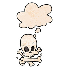 cartoon skull and bones and thought bubble in grunge texture pattern style