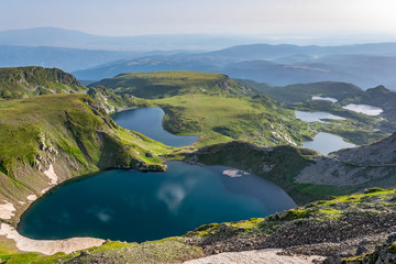 Sunrise aerial view of seven rila lakes in Bulgaria