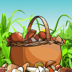 cartoon basket with mushrooms stands in the grass