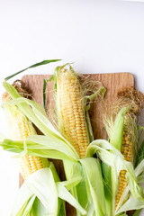 Fresh Corn on white table. ear of corn. Summer concept