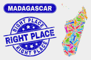 Production Madagascar Island map and blue Right Place scratched stamp. Bright vector Madagascar Island map mosaic of engineering units. Blue round Right Place stamp.