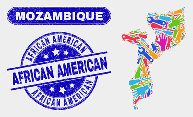 Construction Mozambique map and blue African American grunge seal stamp. Colored vector Mozambique map mosaic of mechanic components. Blue round African American seal.