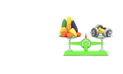 Fresh vegetables and dumbbells on different scales. Conceptual illustration with empty place for text. 3d rendering