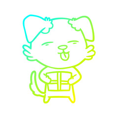cold gradient line drawing cartoon dog with christmas present