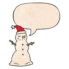cartoon christmas snowman and speech bubble in retro texture style