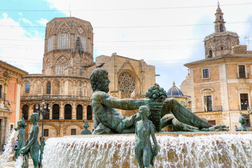 The Fuente del Rio Túria located in Plaza de la Virgen in Valencia, Spain