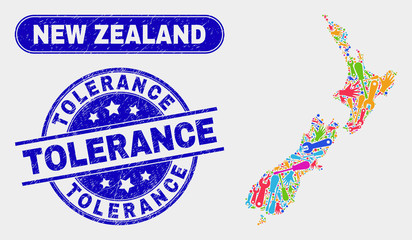 Engineering New Zealand map and blue Tolerance grunge stamp. Colorful vector New Zealand map mosaic of workshop components. Blue rounded Tolerance stamp.