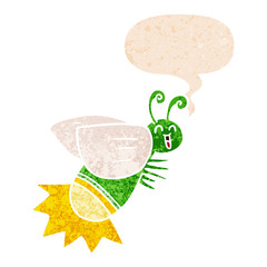 cartoon glow bug and speech bubble in retro textured style