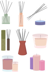A set of vector incense sticks and aromatic candles in pleasant and soothing colors. Set of spa items. Elements for design.
