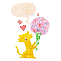 cartoon cat in love with flowers and speech bubble in retro textured style