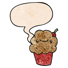 cartoon cupcake and speech bubble in retro texture style