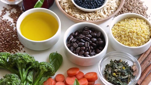Liver detox diet food concept. Foods for healthy liver. Health foods high in antioxidants and fiber. Top view 