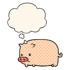 cute cartoon pig and thought bubble in comic book style
