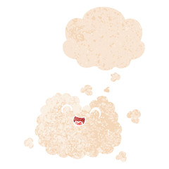 cartoon happy smoke cloud and thought bubble in retro textured style