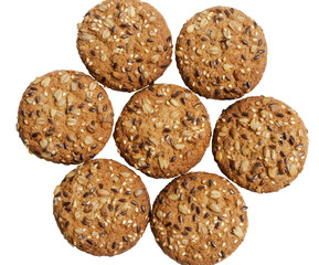 Macro photo of brown dietary low-calorie fitness cereal biscuits with sprinkling closeup on white background.
