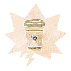 cartoon takeout coffee and speech bubble in retro textured style