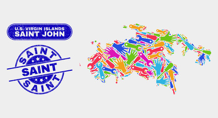 Component Saint John Island map and blue Saint grunge seal stamp. Colorful vector Saint John Island map mosaic of machinery. Blue round Saint stamp.