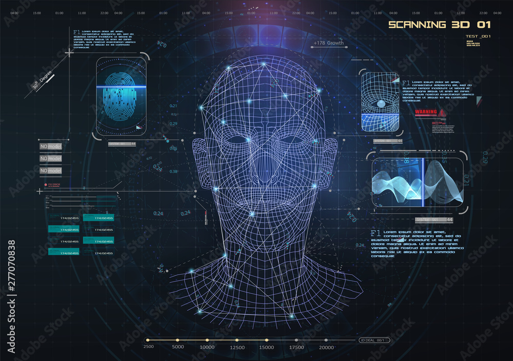 Aufkleber Biometric Identification or Recognition System of Person. The facial recognition technology Fingerprint, Voice. Recognition System Concept (Authentication). Set HUD, GUI, UI, 3D Elements. Vector