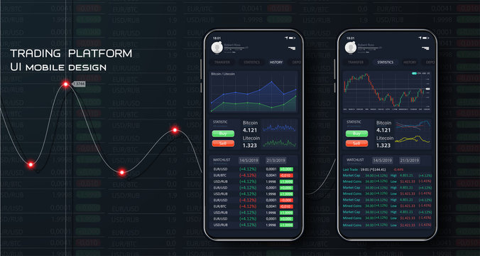 Different UI, UX, GUI screens binary option app and for mobile apps. Trade UI. Trade concept. Web site screen template. forex market, news and analysis. Application for investment and online trading
