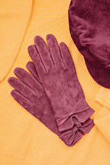 Flat lay with comfort warm outfit for cold weather. Comfortable autumn, winter clothes shopping, sale, style in trendy colors idea