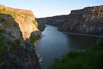 Tha Snake River and Snake River Canyon at first light in Twin Falls, Idaho.
