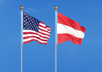 United States of America vs Austria. Thick colored silky flags of America and Austria. 3D illustration on sky background. - Illustration