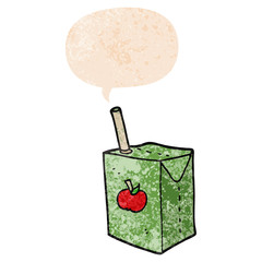 cartoon apple juice box and speech bubble in retro textured style