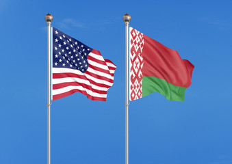 United States of America vs Belorus. Thick colored silky flags of America and Belorussia. 3D illustration on sky background. - Illustration