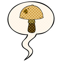 cartoon mushroom and speech bubble in comic book style