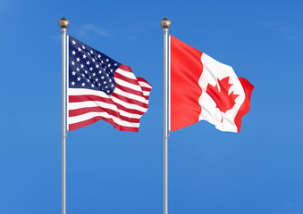 United States of America vs Canada. Thick colored silky flags of America and Canada. 3D illustration on sky background. - Illustration
