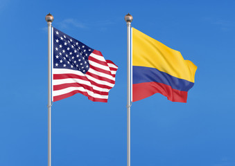 United States of America vs Colombia. Thick colored silky flags of America and Colombia. 3D illustration on sky background. - Illustration