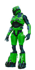 astronaut in green exo suit exploring arround