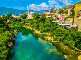 Fototapeta na wymiar Old town and Neretva River. In Mostar, Bosnia and Herzegovina 