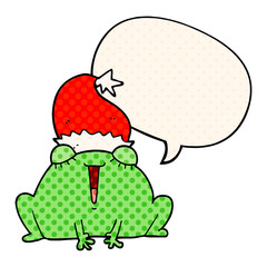 cute cartoon christmas frog and speech bubble in comic book style