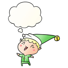 cartoon happy christmas elf and thought bubble in smooth gradient style