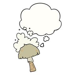 cartoon mushroom with spore cloud and thought bubble