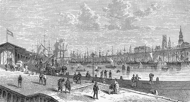 Steam crane at Kaiser pier at Hamburg harbor, 19th century