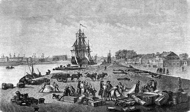 Rochefort harbor built on the Charente river few miles away from the Atlantic coast of France, 18th century engraving