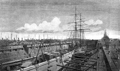 Dry dock at Bremenhaven seaport of the Free hanseatic city of Bremen, used for construction, maintenance, and repair of ships, 19th century - obrazy, fototapety, plakaty