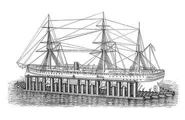 Obraz premium Steamship on a floating pipe dock usually held in place by vertical poles, a floating pontoon and working platform for repair and careen operations